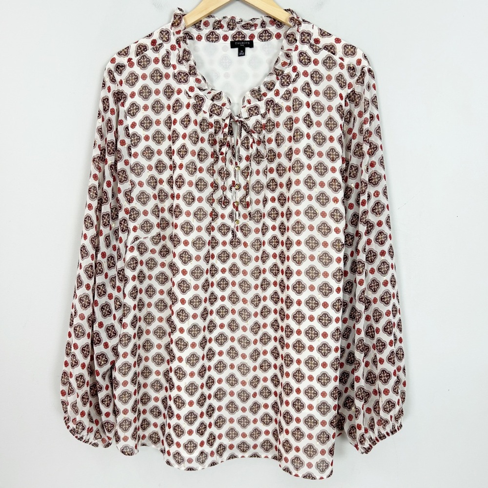 Talbots White Geometric Medallion Metallic Ruffle Neck Top Fall Size 3X Women's